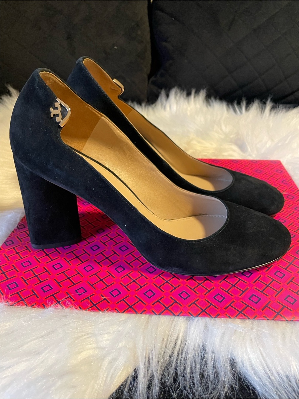 Tory Burch Black Suede Round-Toe Block Heel Pumps